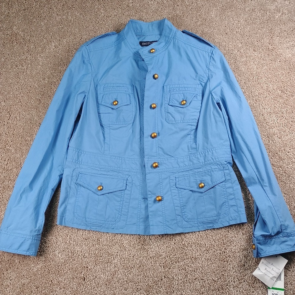 Jones New York Mock Lightweight Cotton Blue Jacket Gold Button Size Large